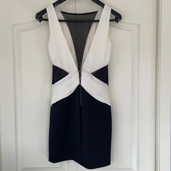 BEBE Black & White Deep V Mesh Insert Dress Small - Picture 5 of 14
